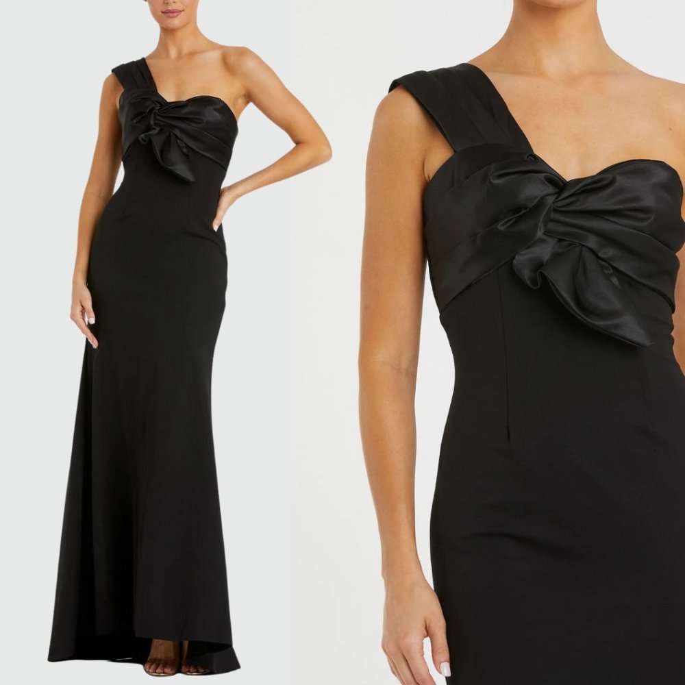 Mac Duggal 49547 Size 8 Black One Shoulder Draped Bow Trumpet Gown Maxi Dress